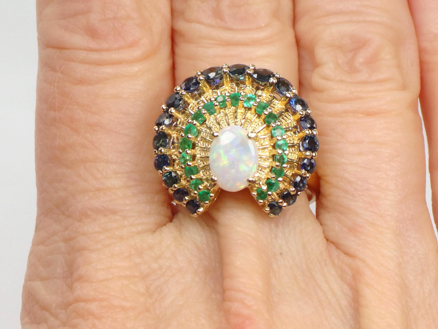 Vintage 14k Yellow Gold Opal Sapphire and Emerald Peacock Ring, Size 7.75-BelmarJewelers