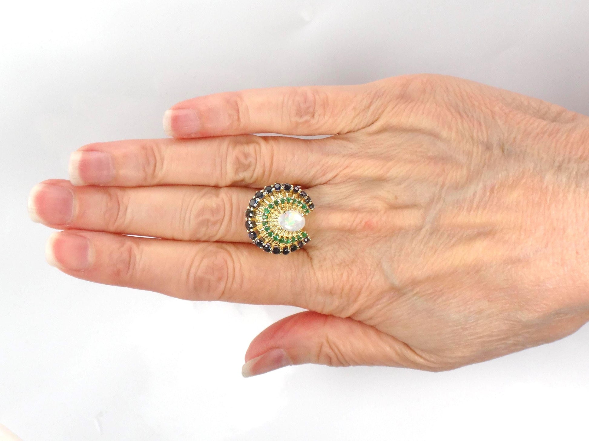 Vintage 14k Yellow Gold Opal Sapphire and Emerald Peacock Ring, Size 7.75-BelmarJewelers