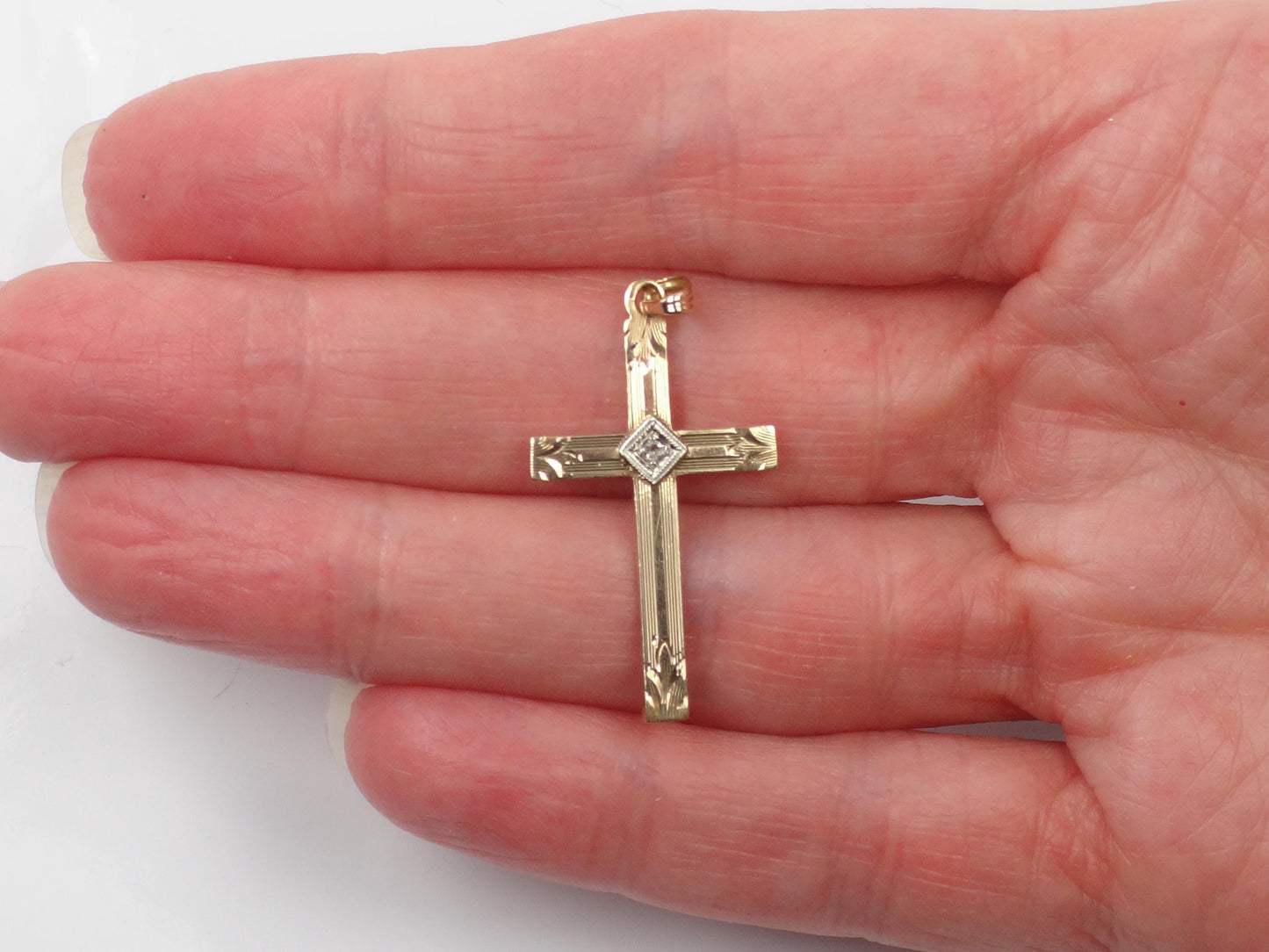 Vintage 14k Gold Engraved Cross with Diamond - Art Deco Style-BelmarJewelers