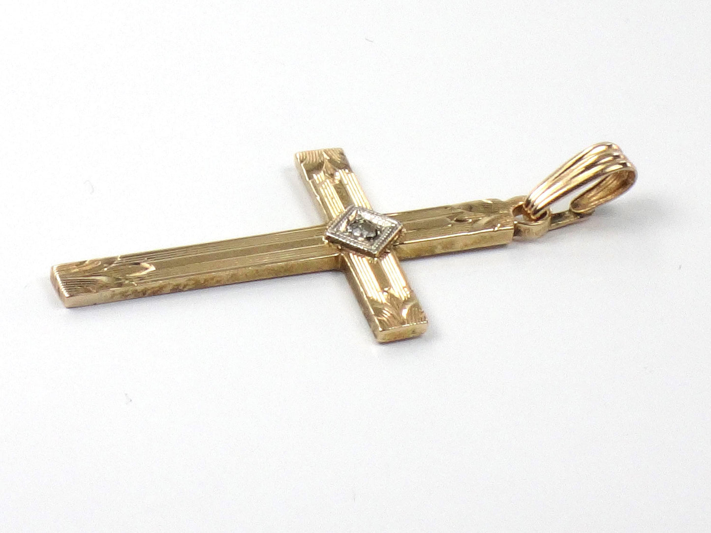 Vintage 14k Gold Engraved Cross with Diamond - Art Deco Style-BelmarJewelers