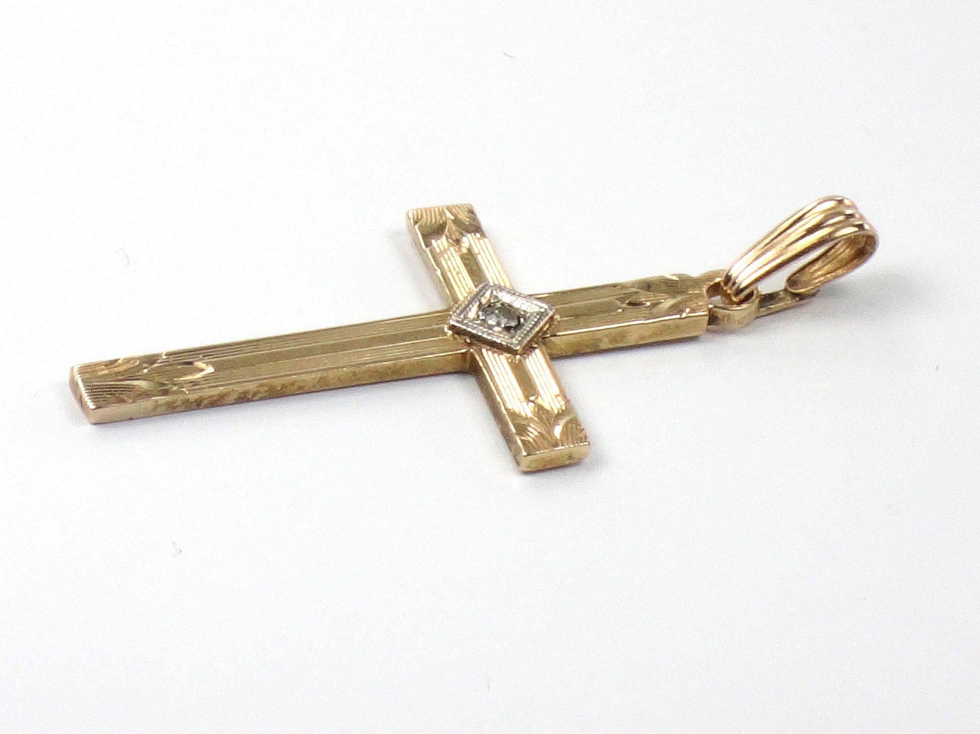 Vintage 14k Gold Engraved Cross with Diamond - Art Deco Style-BelmarJewelers