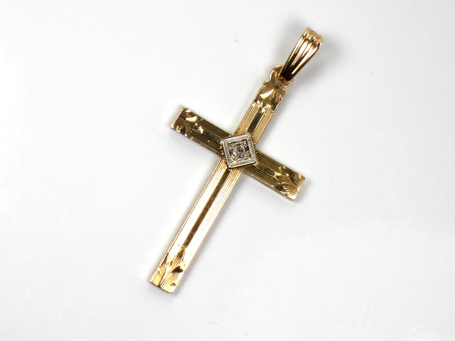 Vintage 14k Gold Engraved Cross with Diamond - Art Deco Style-BelmarJewelers