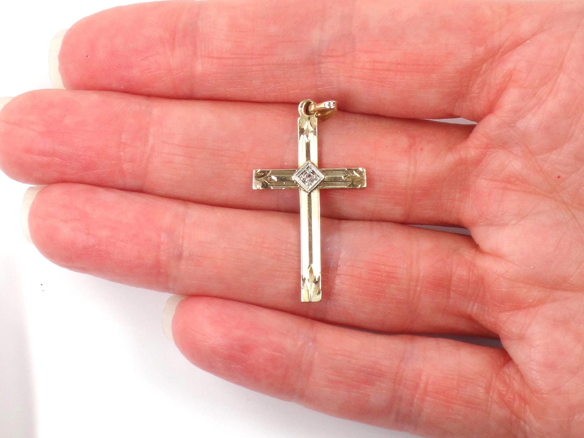 Vintage 14k Gold Engraved Cross with Diamond - Art Deco Style-BelmarJewelers