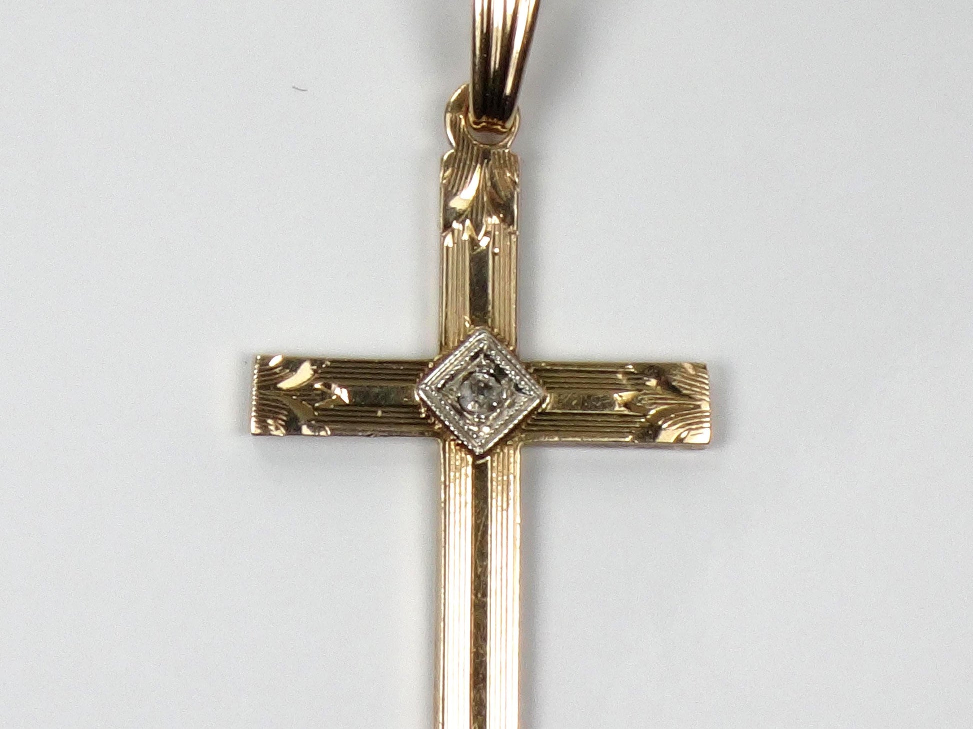 Vintage 14k Gold Engraved Cross with Diamond - Art Deco Style-BelmarJewelers