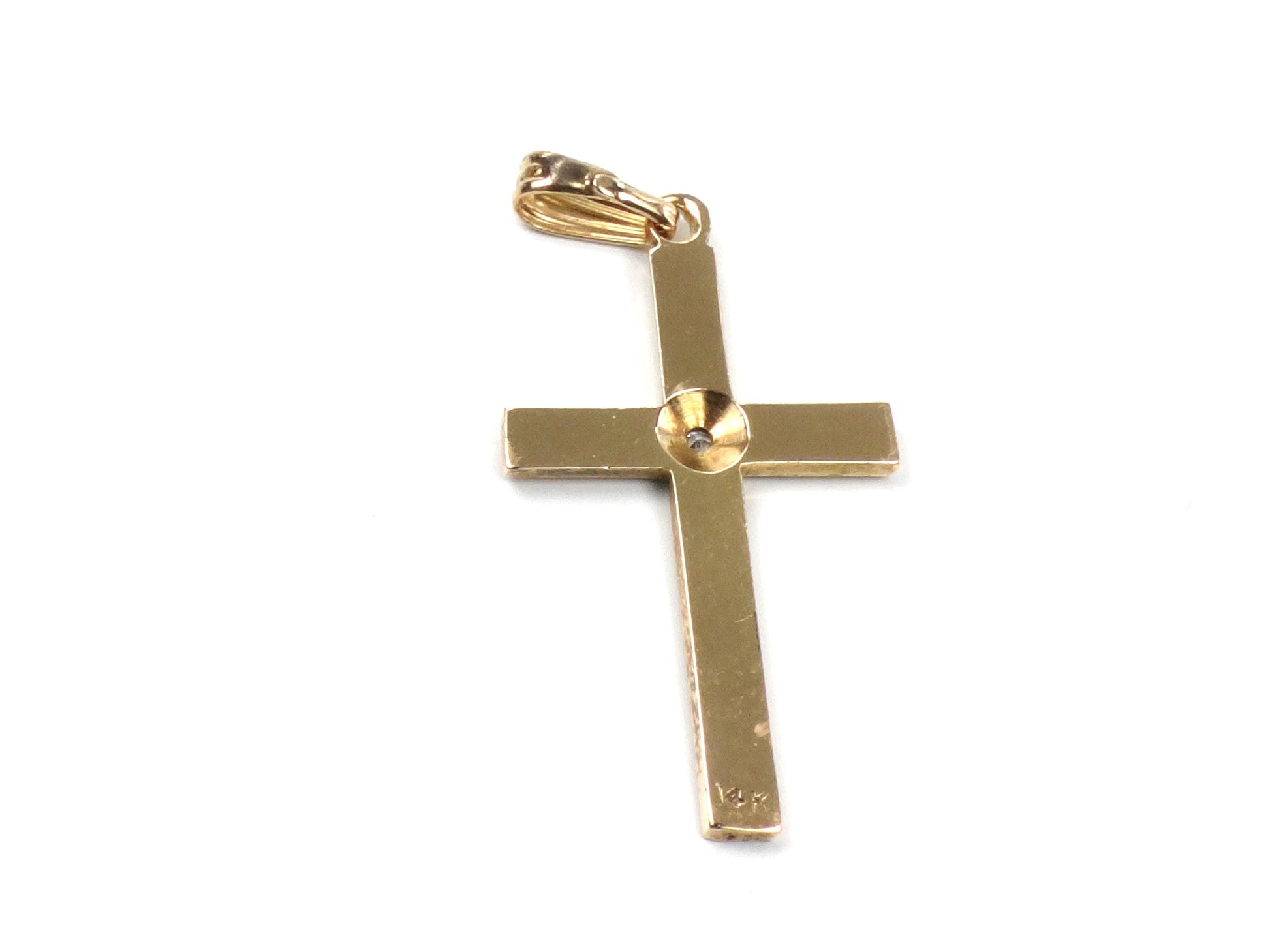 Vintage 14k Gold Engraved Cross with Diamond - Art Deco Style-BelmarJewelers