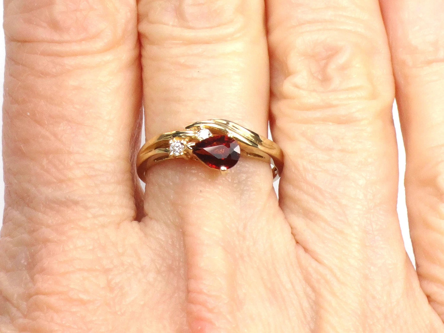 Vintage 14k Yellow Gold Pear Cut Garnet and Diamond Ring - Size 6-BelmarJewelers