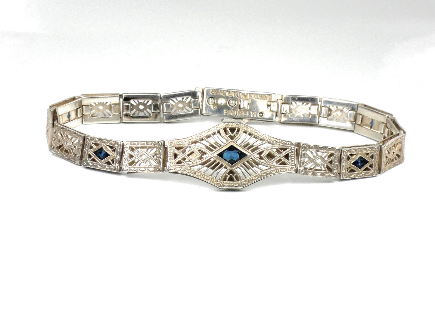 Vintage Art Deco Sterling Silver and Blue Glass Filigree Bracelet 7"-BelmarJewelers