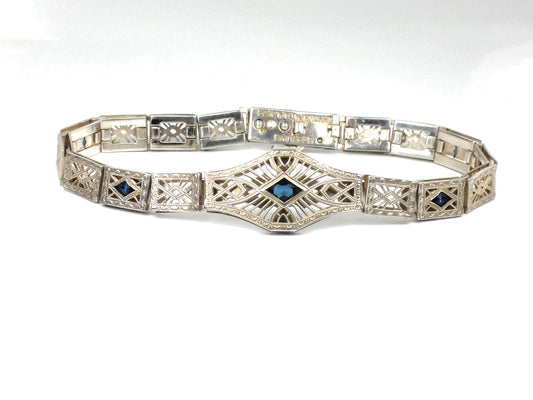 Vintage Art Deco Sterling Silver and Blue Glass Filigree Bracelet 7"-BelmarJewelers