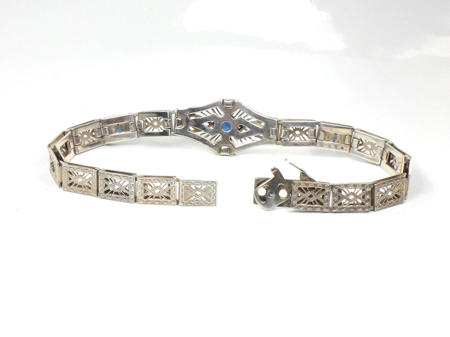 Vintage Art Deco Sterling Silver and Blue Glass Filigree Bracelet 7"-BelmarJewelers