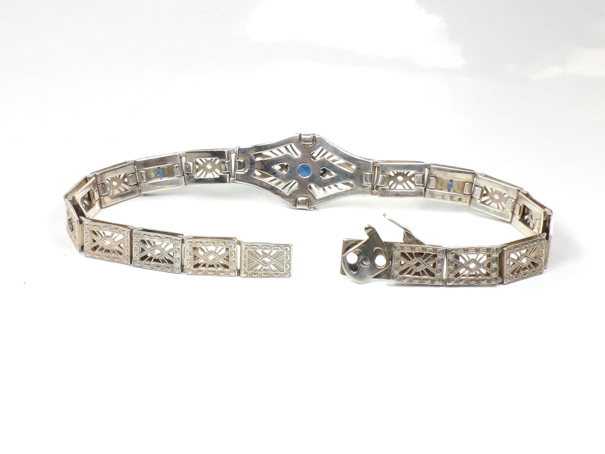 Vintage Art Deco Sterling Silver and Blue Glass Filigree Bracelet 7"-BelmarJewelers