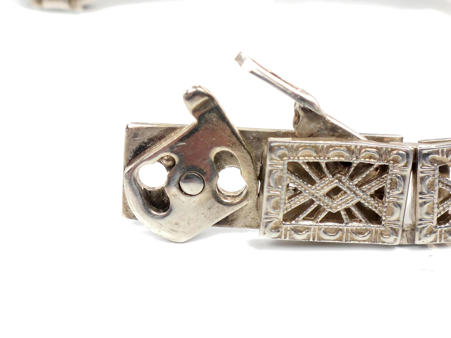 Vintage Art Deco Sterling Silver and Blue Glass Filigree Bracelet 7"-BelmarJewelers