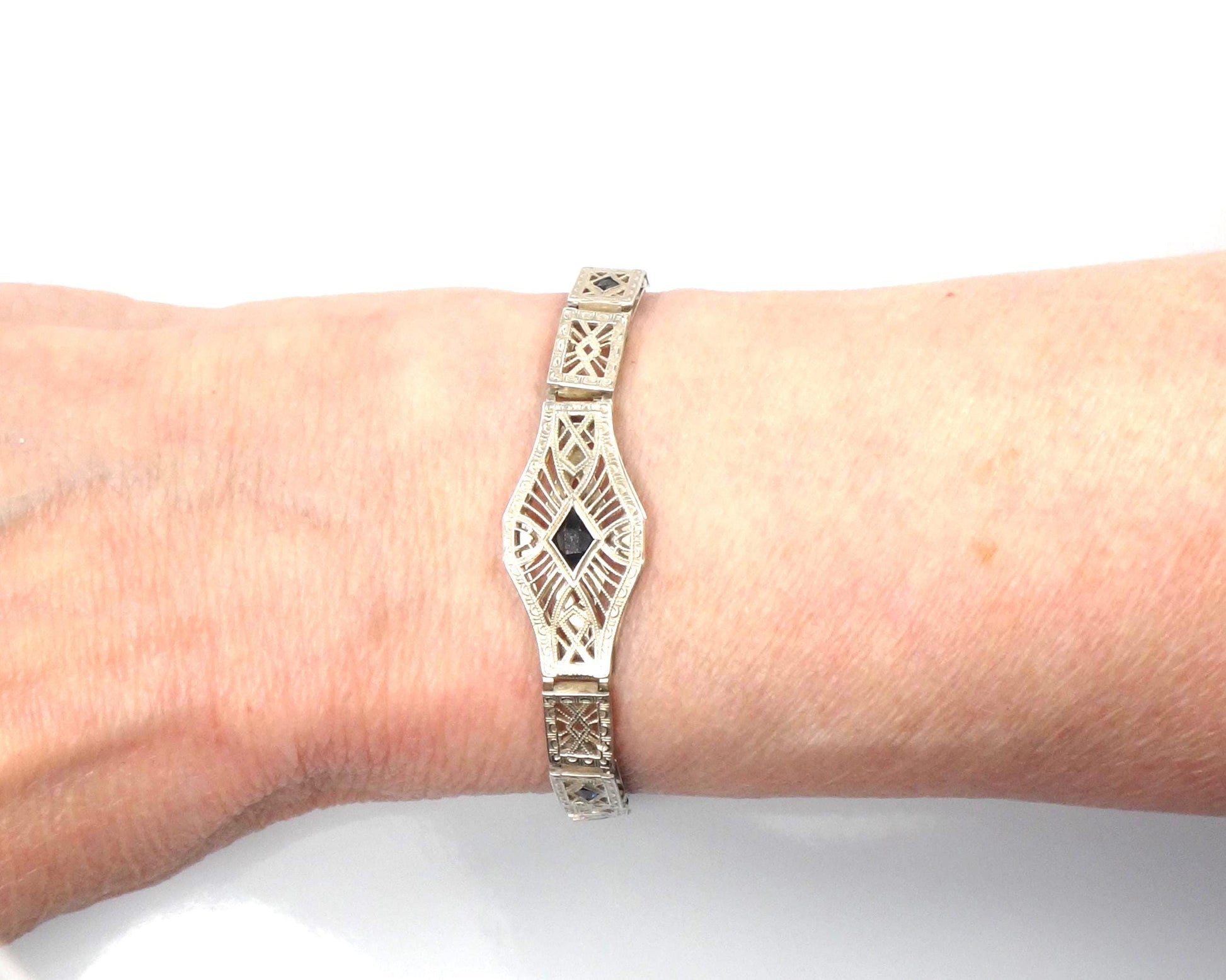 Vintage Art Deco Sterling Silver and Blue Glass Filigree Bracelet 7"-BelmarJewelers