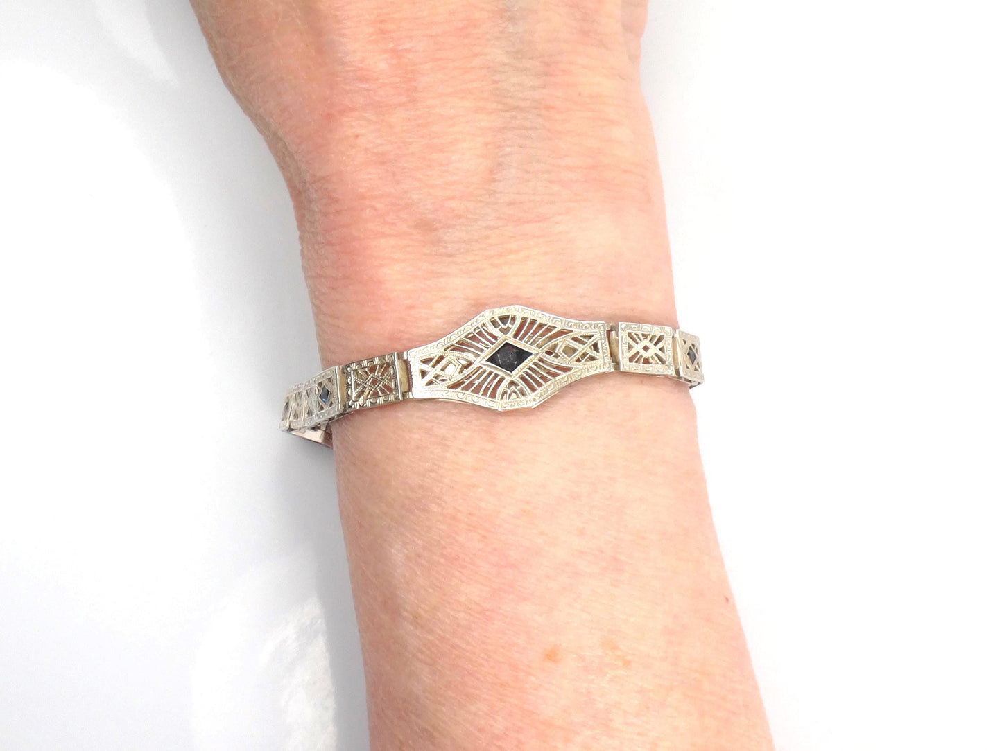 Vintage Art Deco Sterling Silver and Blue Glass Filigree Bracelet 7"-BelmarJewelers