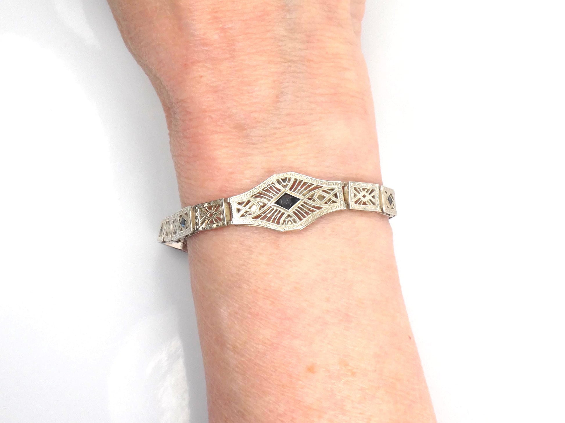 Vintage Art Deco Sterling Silver and Blue Glass Filigree Bracelet 7"-BelmarJewelers