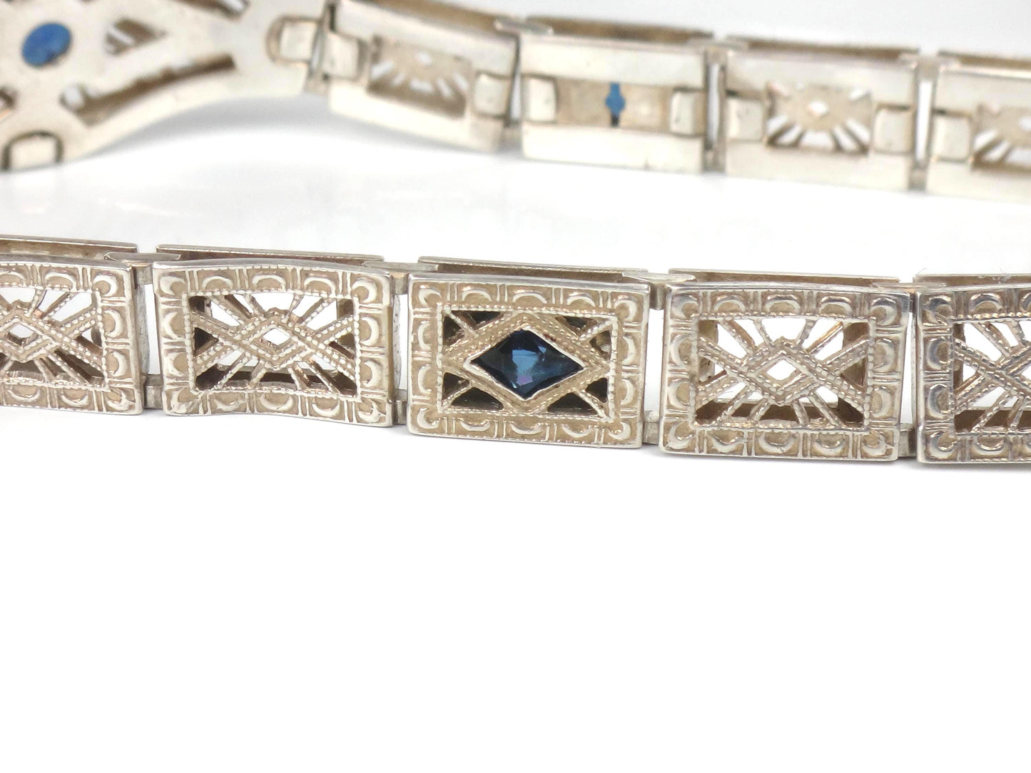 Vintage Art Deco Sterling Silver and Blue Glass Filigree Bracelet 7"-BelmarJewelers