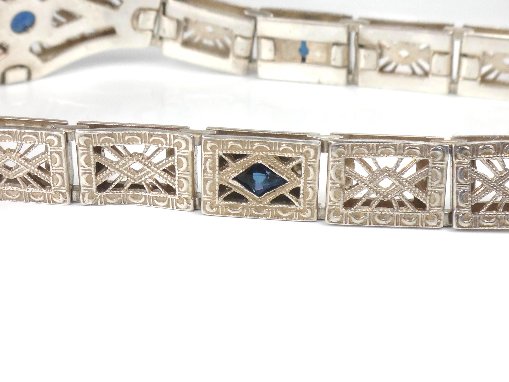 Vintage Art Deco Sterling Silver and Blue Glass Filigree Bracelet 7"-BelmarJewelers