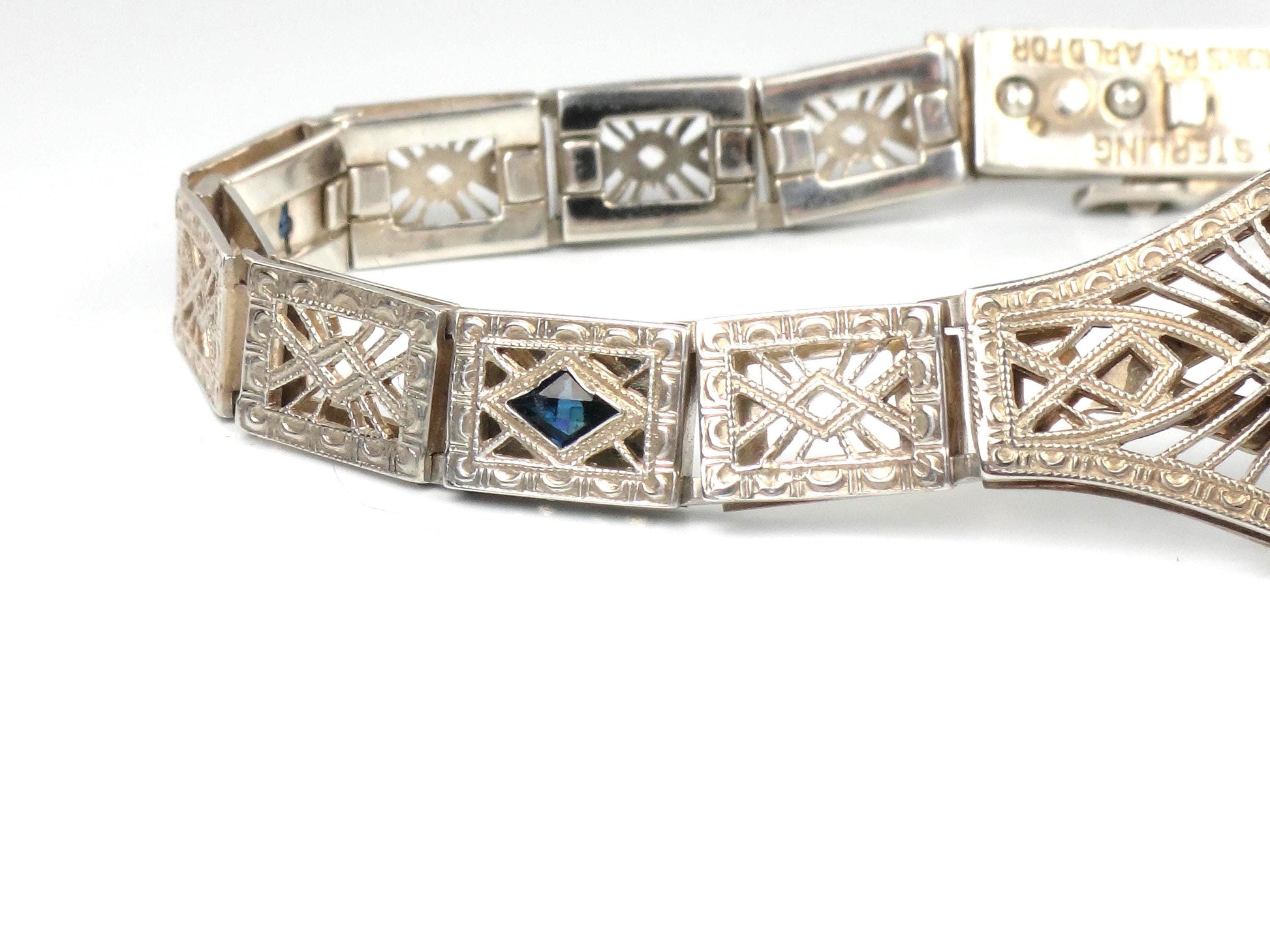 Vintage Art Deco Sterling Silver and Blue Glass Filigree Bracelet 7"-BelmarJewelers