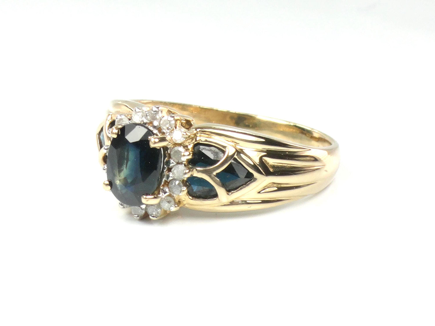 Vintage 14k Yellow Gold Oval Blue Sapphire Diamond Halo Ring, Size 8.75-BelmarJewelers