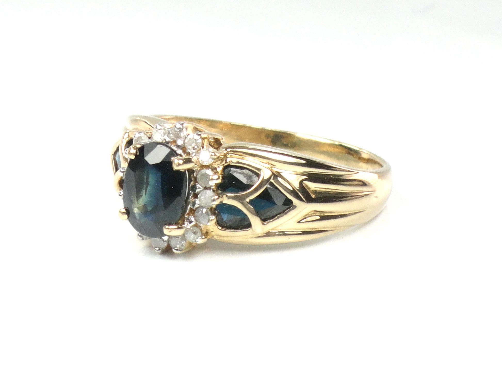 Vintage 14k Yellow Gold Oval Blue Sapphire Diamond Halo Ring, Size 8.75-BelmarJewelers