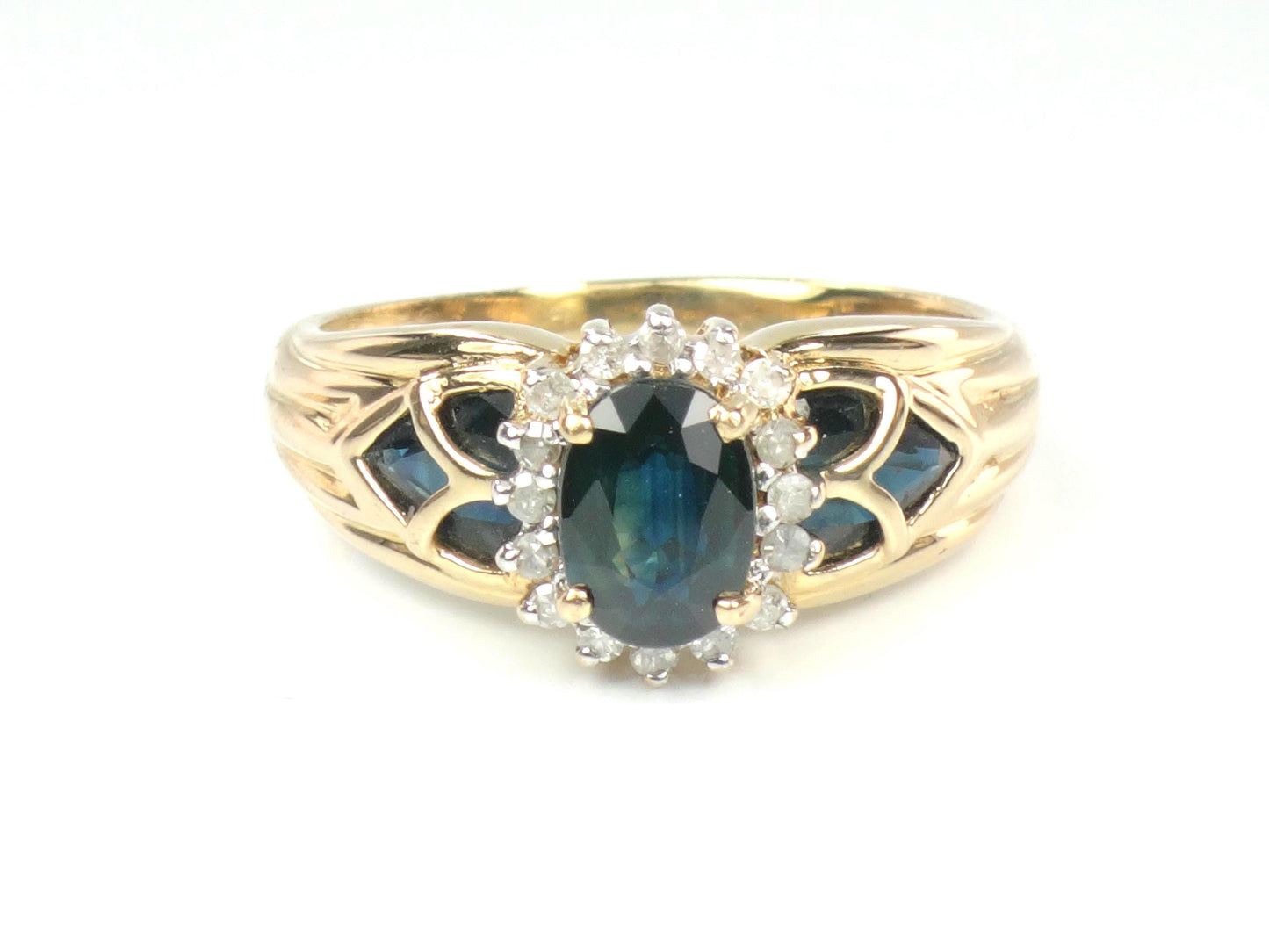 Vintage 14k Yellow Gold Oval Blue Sapphire Diamond Halo Ring, Size 8.75-BelmarJewelers