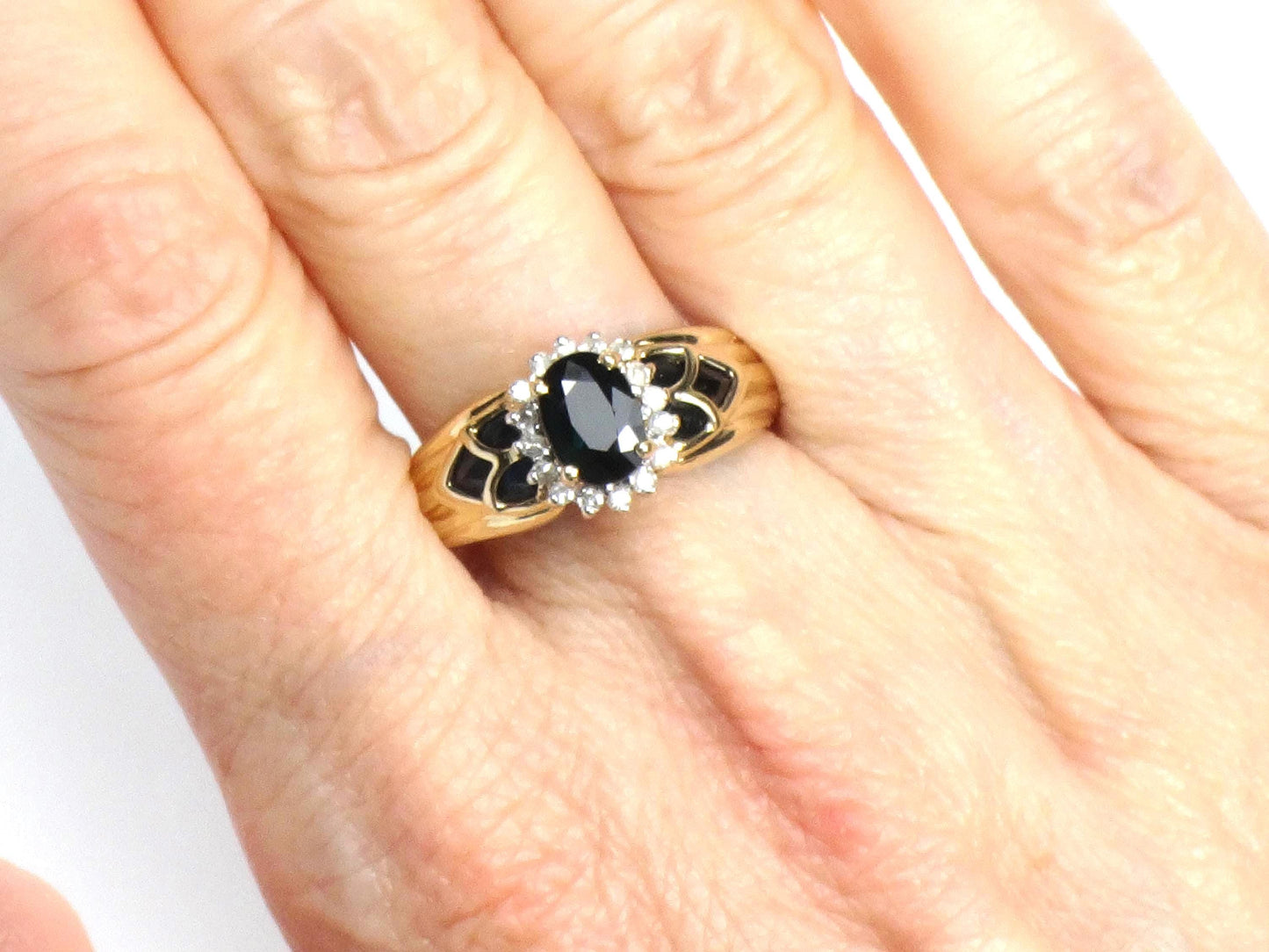 Vintage 14k Yellow Gold Oval Blue Sapphire Diamond Halo Ring, Size 8.75-BelmarJewelers
