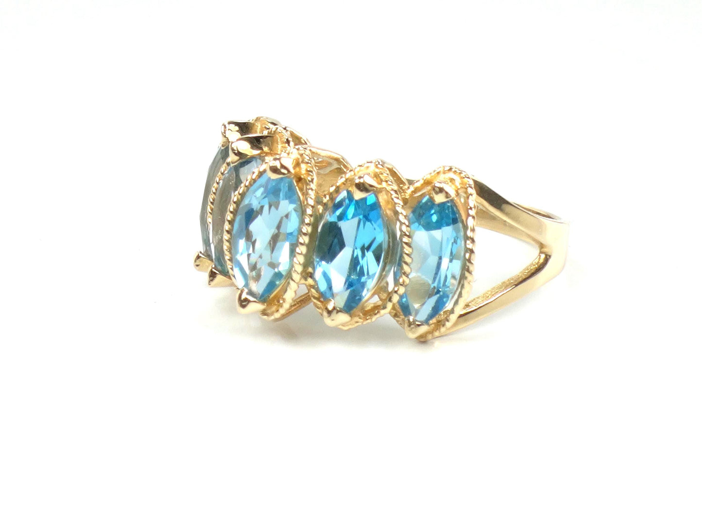 Vintage 14k Yellow Gold Marquise Blue Topaz Ring, Size 7.5-BelmarJewelers