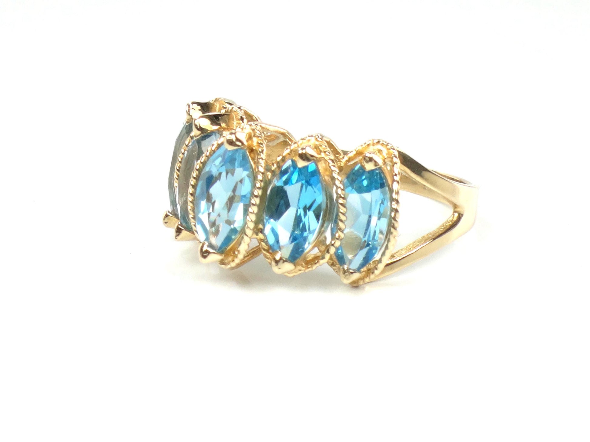 Vintage 14k Yellow Gold Marquise Blue Topaz Ring, Size 7.5-BelmarJewelers
