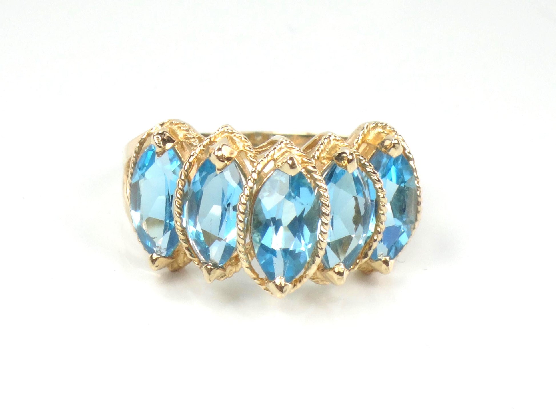 Vintage 14k Yellow Gold Marquise Blue Topaz Ring, Size 7.5-BelmarJewelers