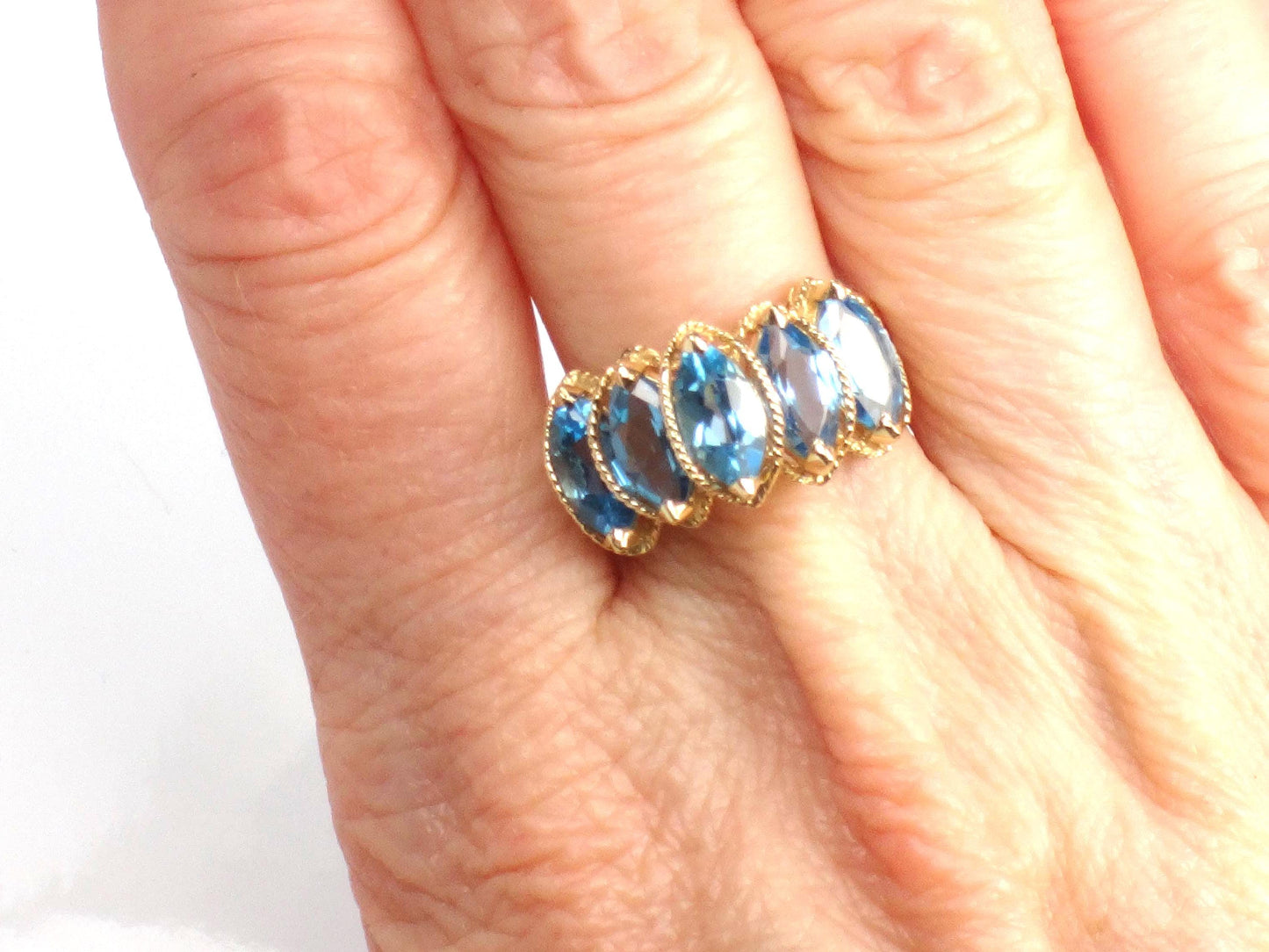 Vintage 14k Yellow Gold Marquise Blue Topaz Ring, Size 7.5-BelmarJewelers