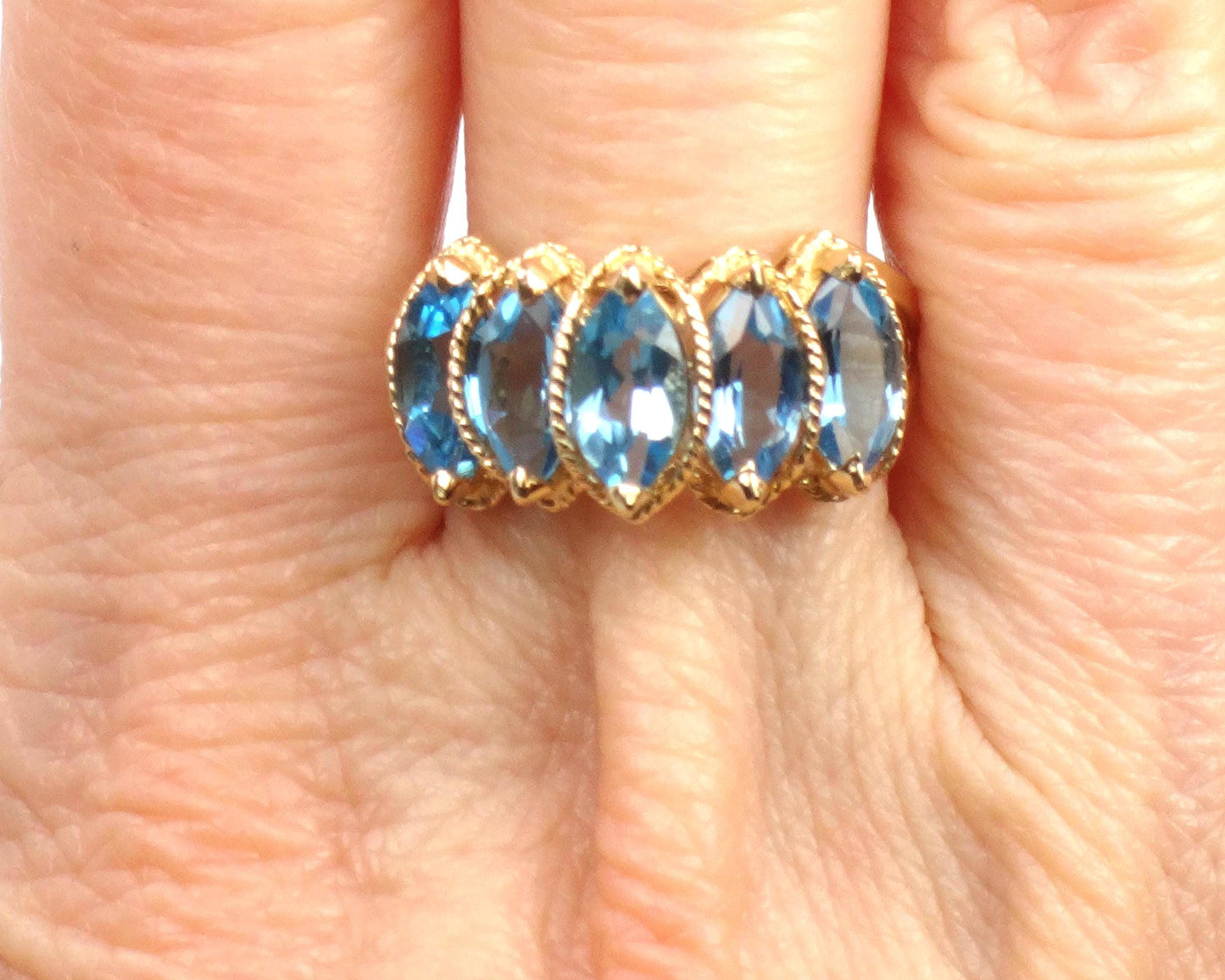 Vintage 14k Yellow Gold Marquise Blue Topaz Ring, Size 7.5-BelmarJewelers
