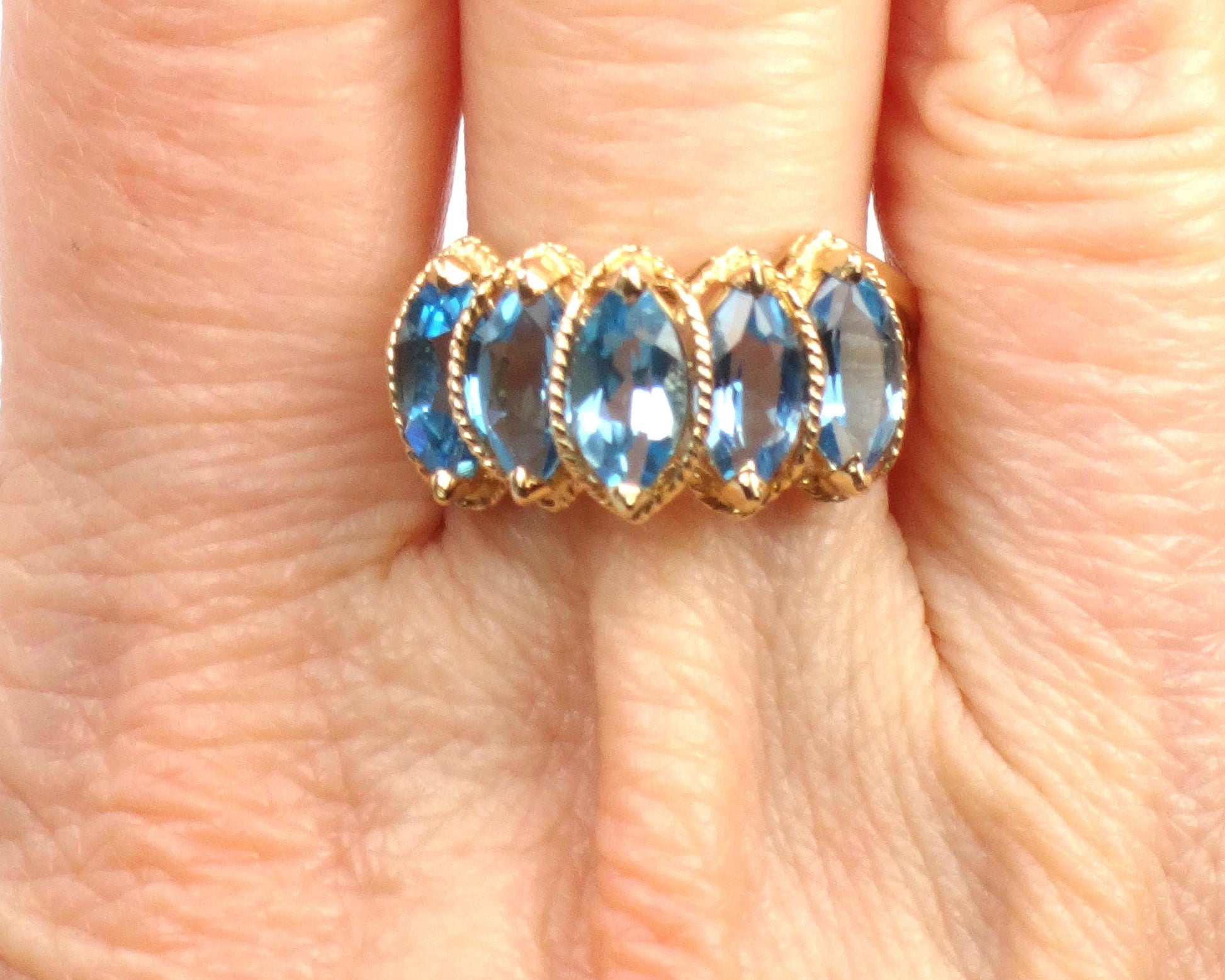 Vintage 14k Yellow Gold Marquise Blue Topaz Ring, Size 7.5-BelmarJewelers