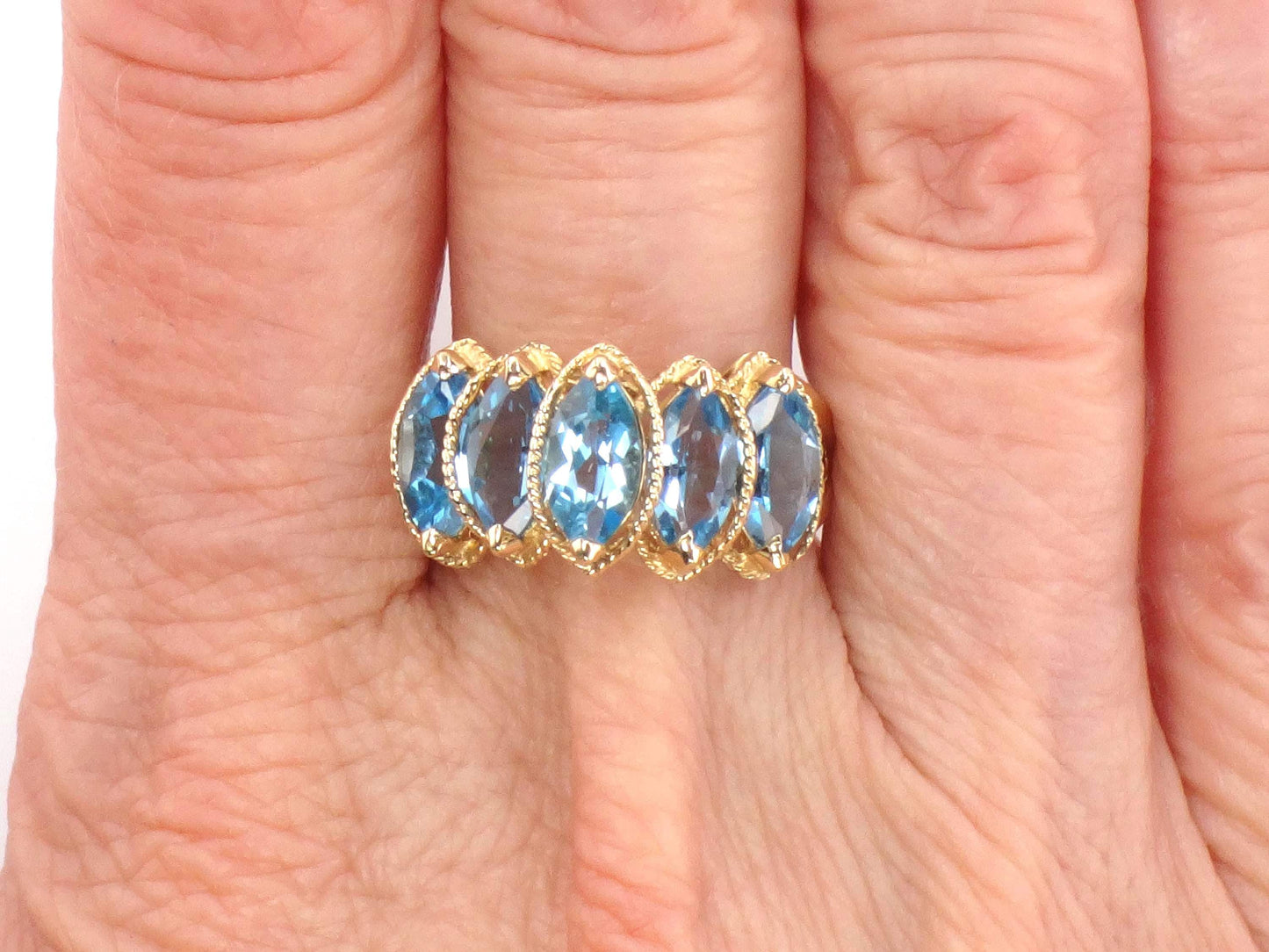 Vintage 14k Yellow Gold Marquise Blue Topaz Ring, Size 7.5-BelmarJewelers