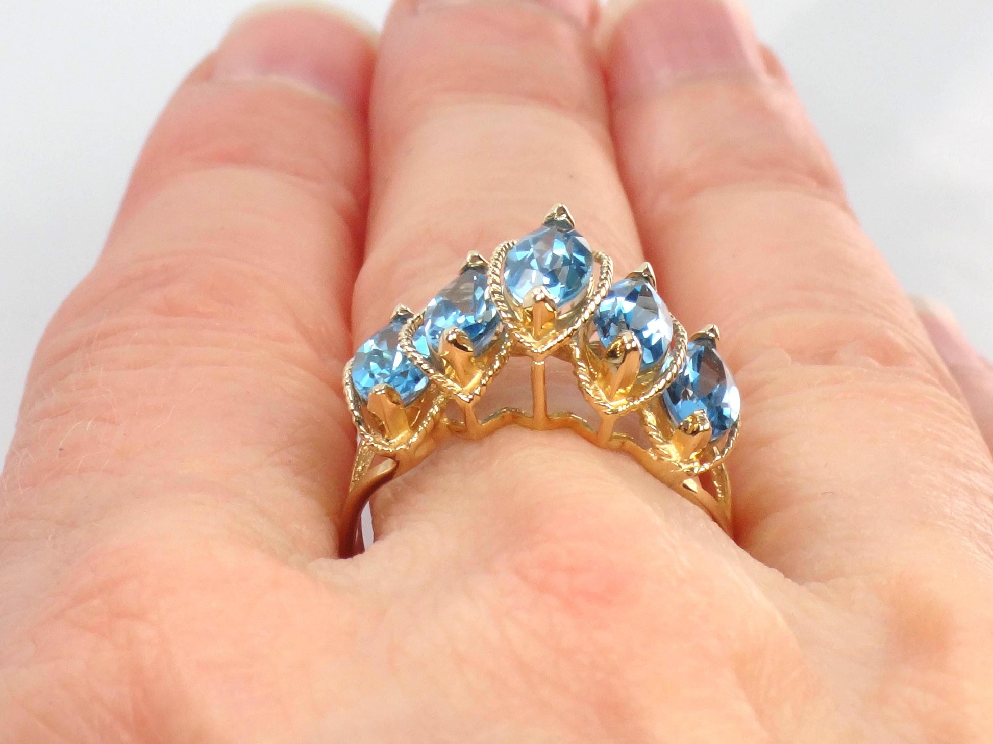 Vintage 14k Yellow Gold Marquise Blue Topaz Ring, Size 7.5-BelmarJewelers