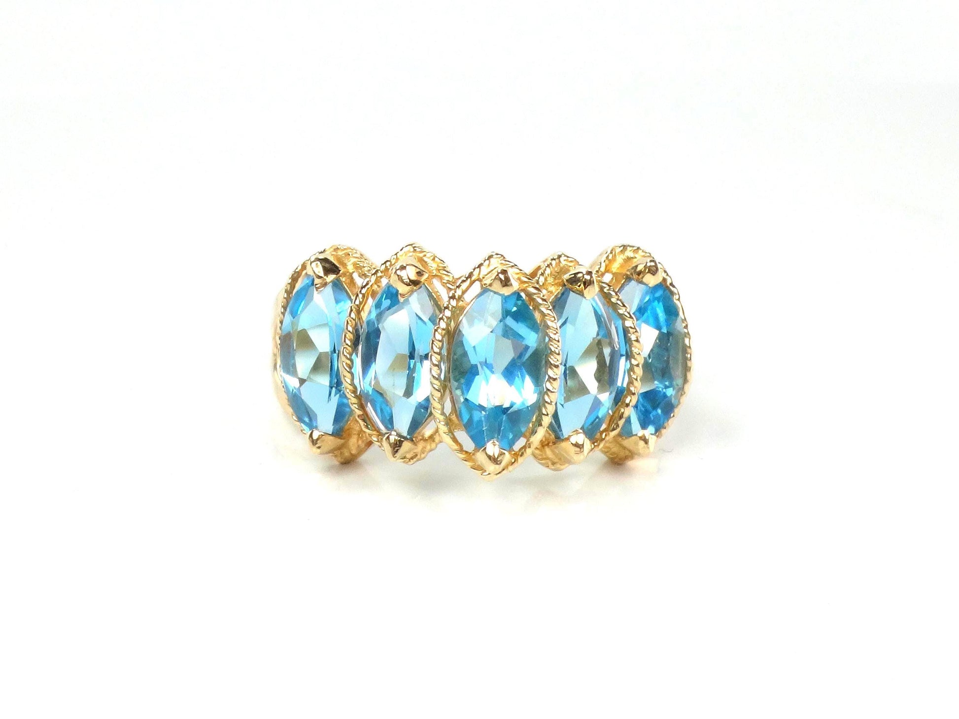 Vintage 14k Yellow Gold Marquise Blue Topaz Ring, Size 7.5-BelmarJewelers