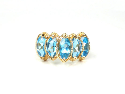 Vintage 14k Yellow Gold Marquise Blue Topaz Ring, Size 7.5-BelmarJewelers
