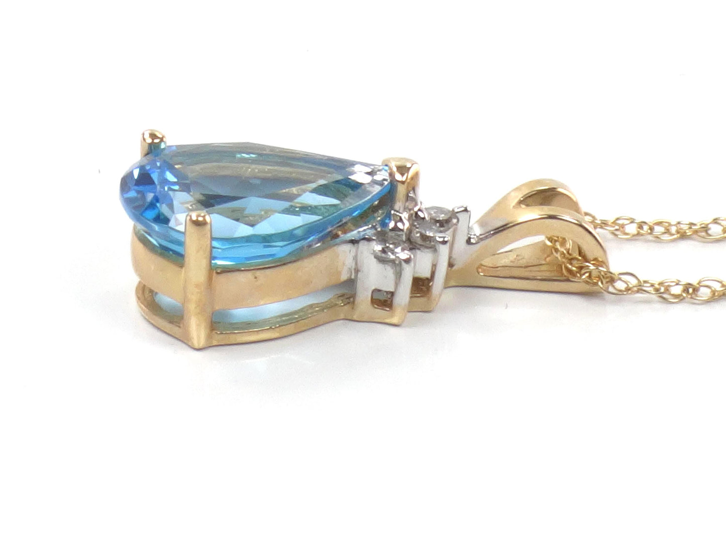 Vintage 14k Pear Cut Blue Topaz and Diamond Pendant Necklace, 16"-BelmarJewelers