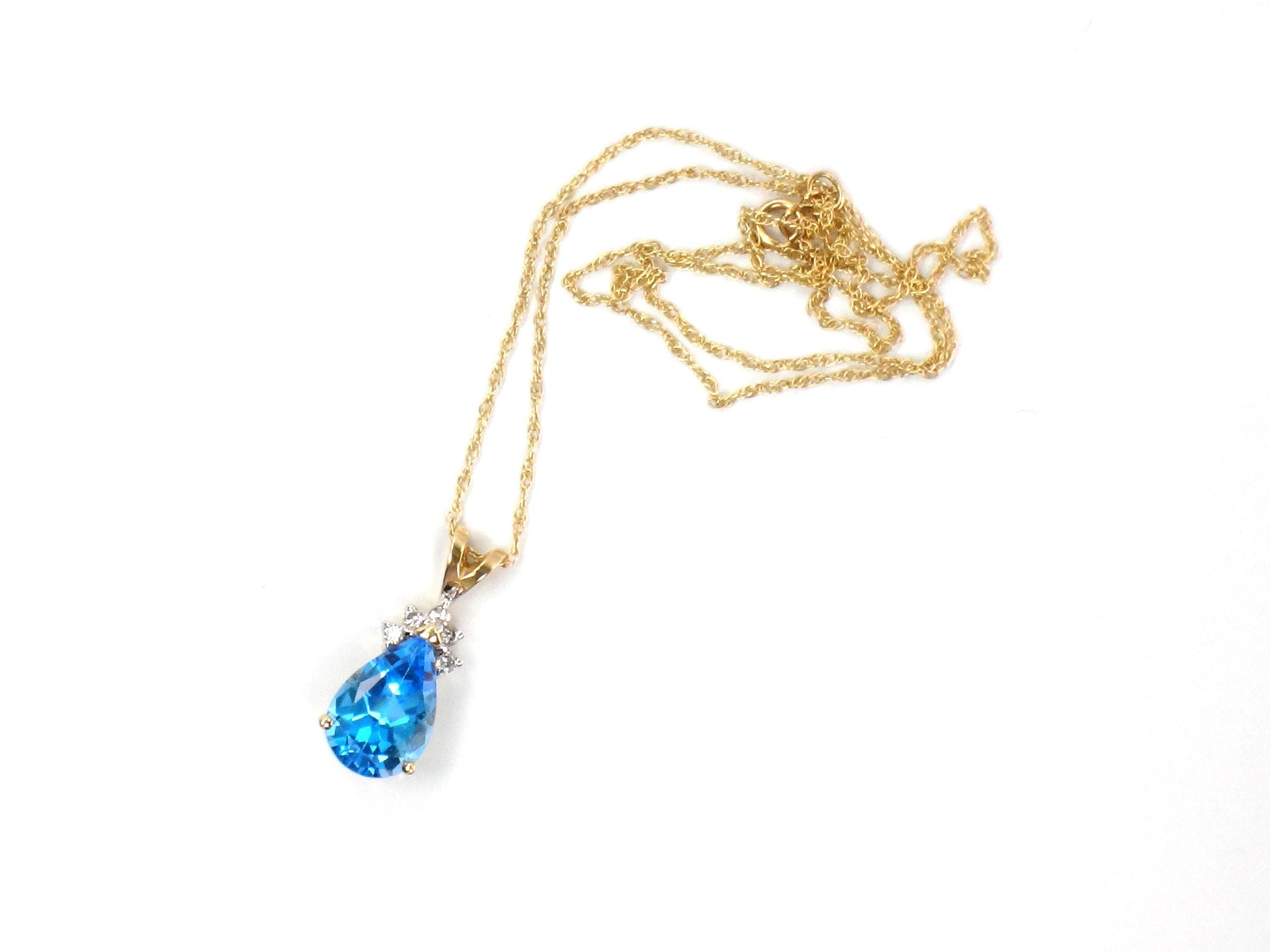 Vintage 14k Pear Cut Blue Topaz and Diamond Pendant Necklace, 16"-BelmarJewelers