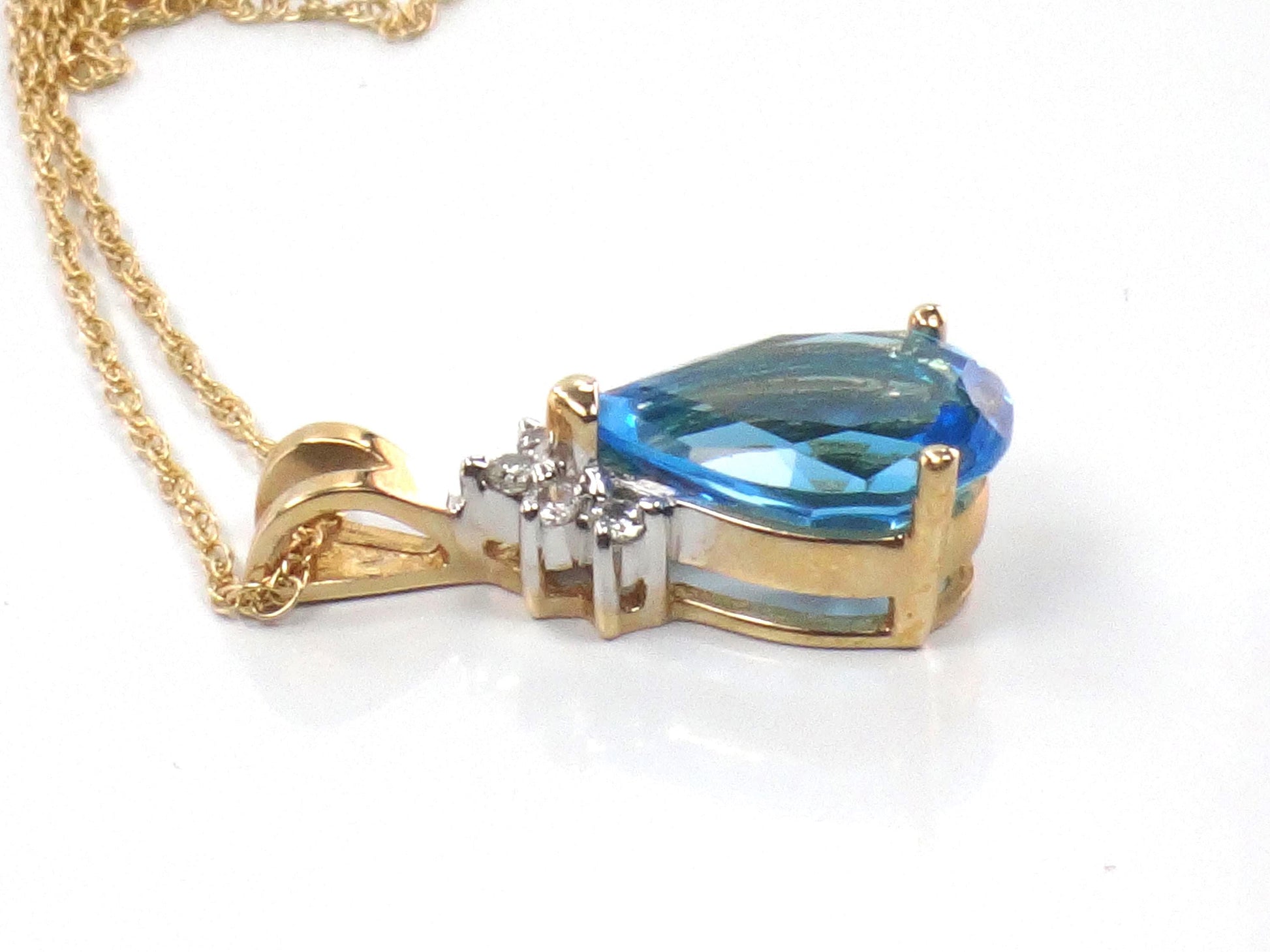 Vintage 14k Pear Cut Blue Topaz and Diamond Pendant Necklace, 16"-BelmarJewelers