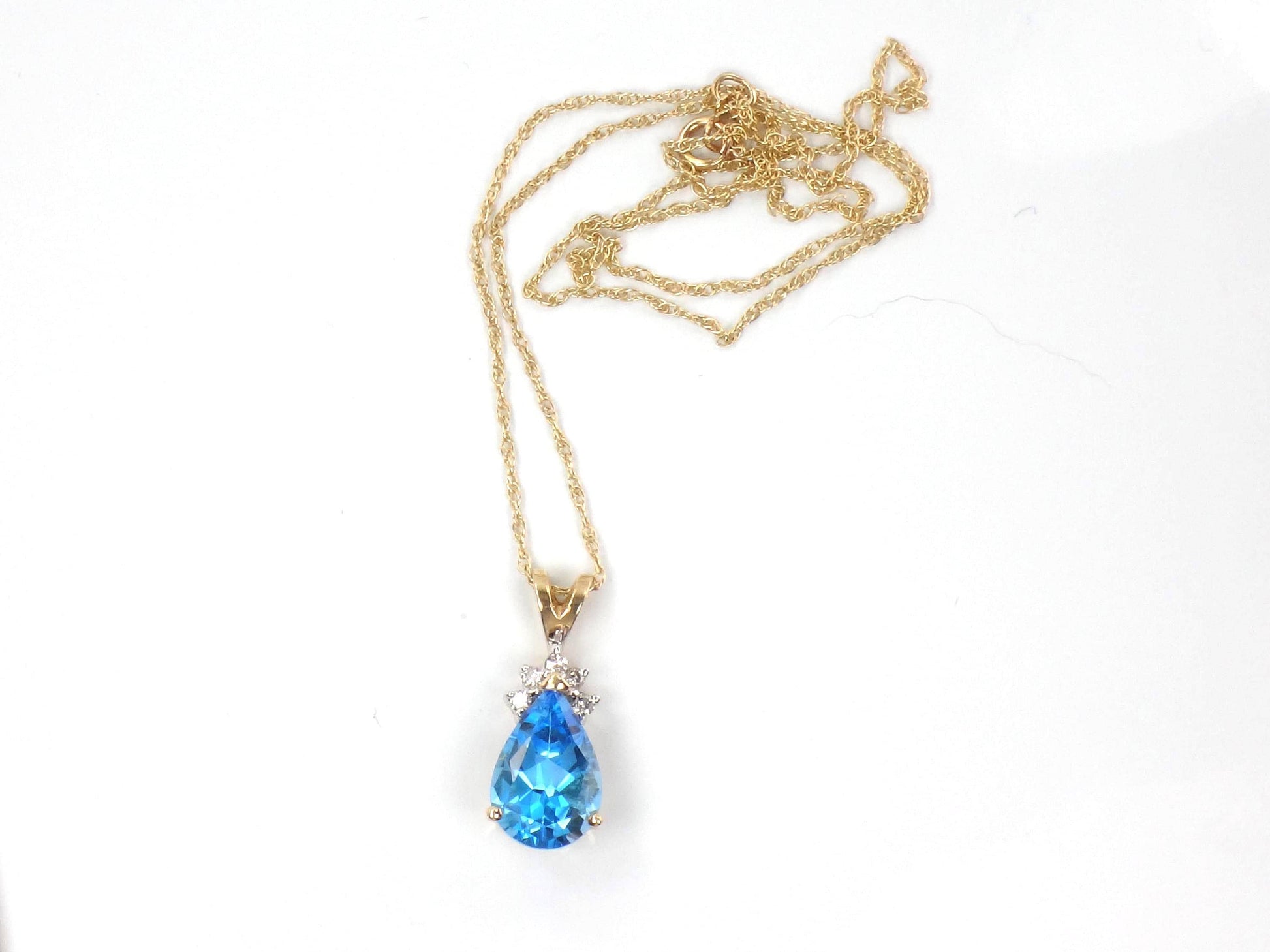 Vintage 14k Pear Cut Blue Topaz and Diamond Pendant Necklace, 16"-BelmarJewelers