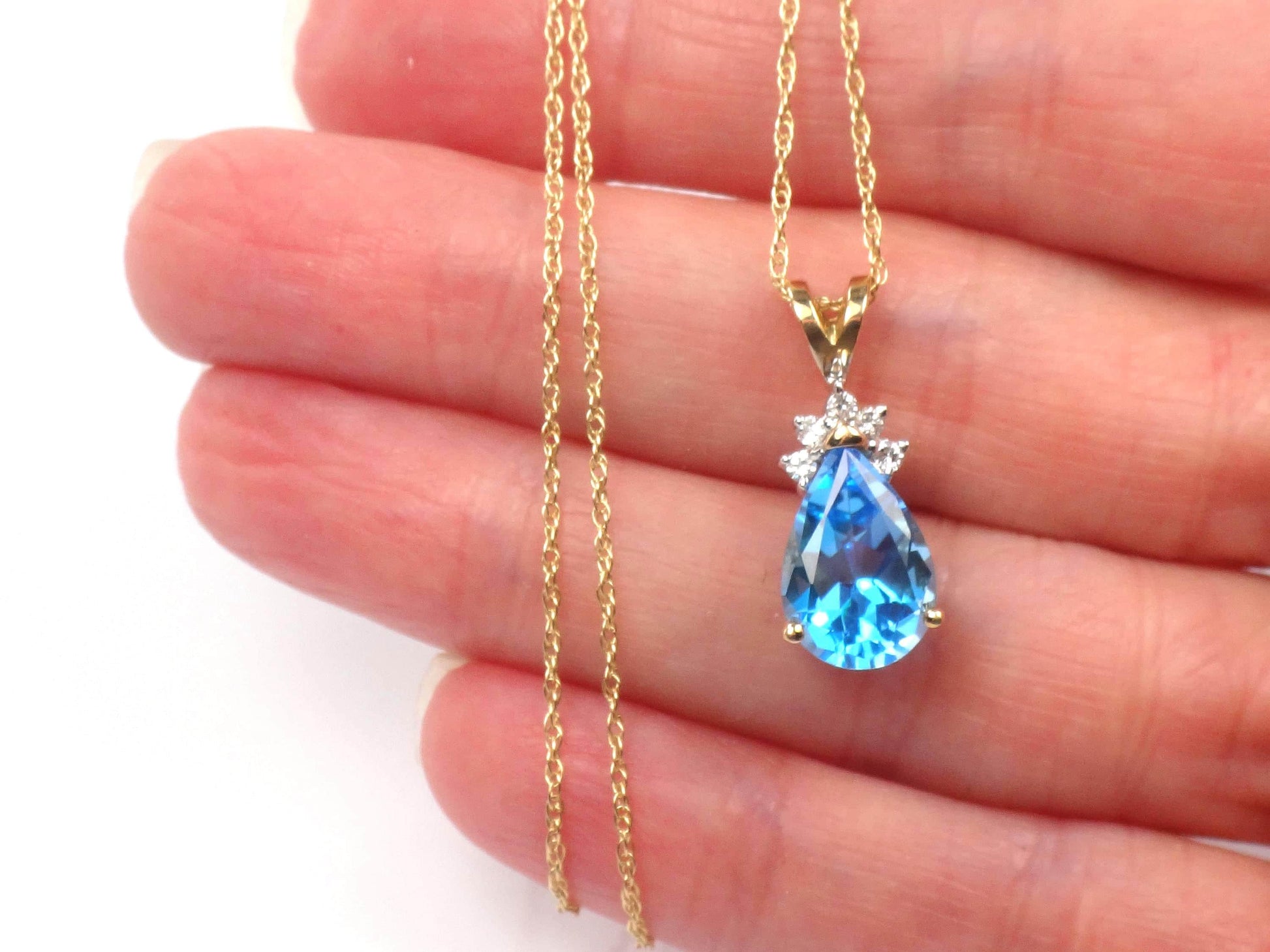 Vintage 14k Pear Cut Blue Topaz and Diamond Pendant Necklace, 16"-BelmarJewelers
