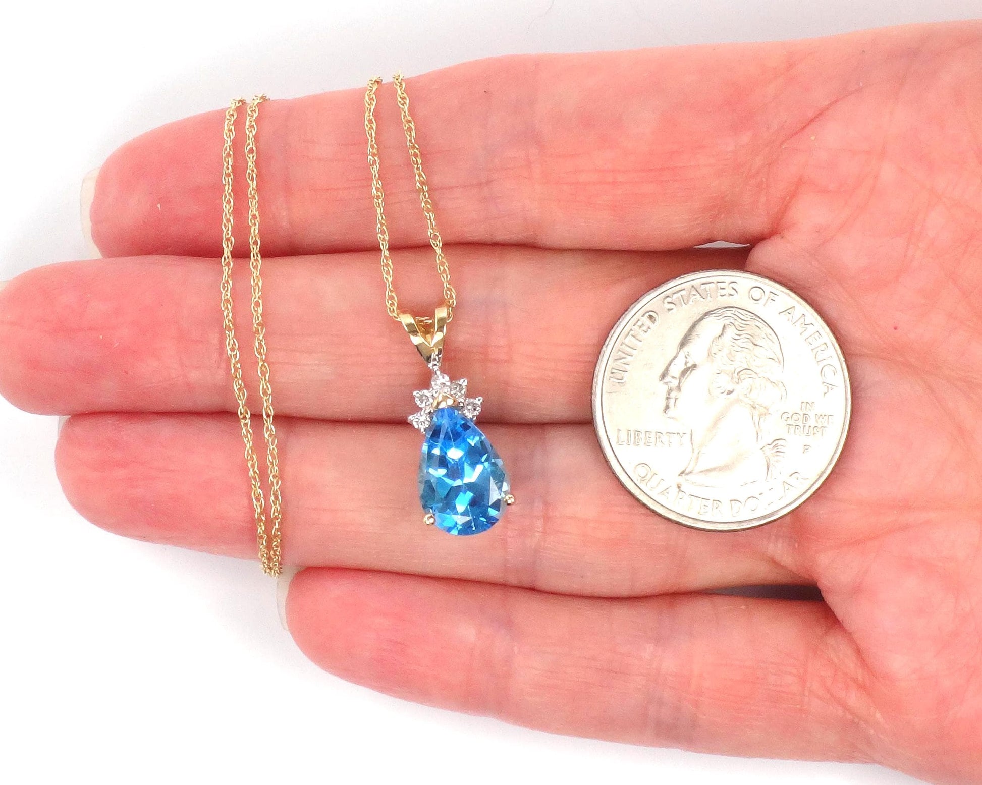 Vintage 14k Pear Cut Blue Topaz and Diamond Pendant Necklace, 16"-BelmarJewelers