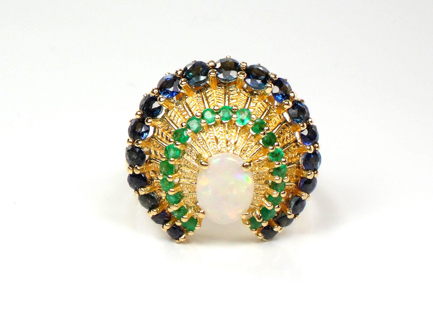 Vintage 14k Yellow Gold Opal Sapphire and Emerald Peacock Ring, Size 7.75-BelmarJewelers