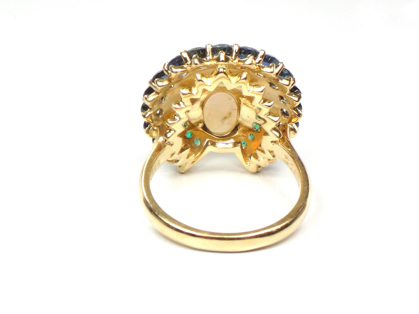 Vintage 14k Yellow Gold Opal Sapphire and Emerald Peacock Ring, Size 7.75-BelmarJewelers