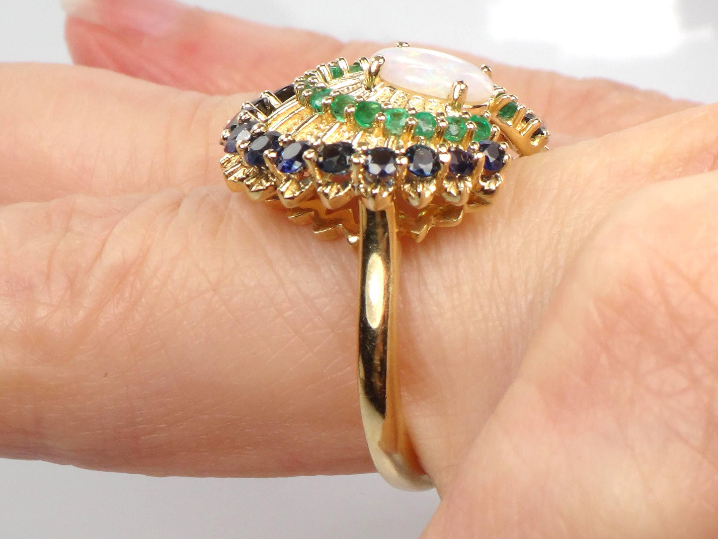 Vintage 14k Yellow Gold Opal Sapphire and Emerald Peacock Ring, Size 7.75-BelmarJewelers