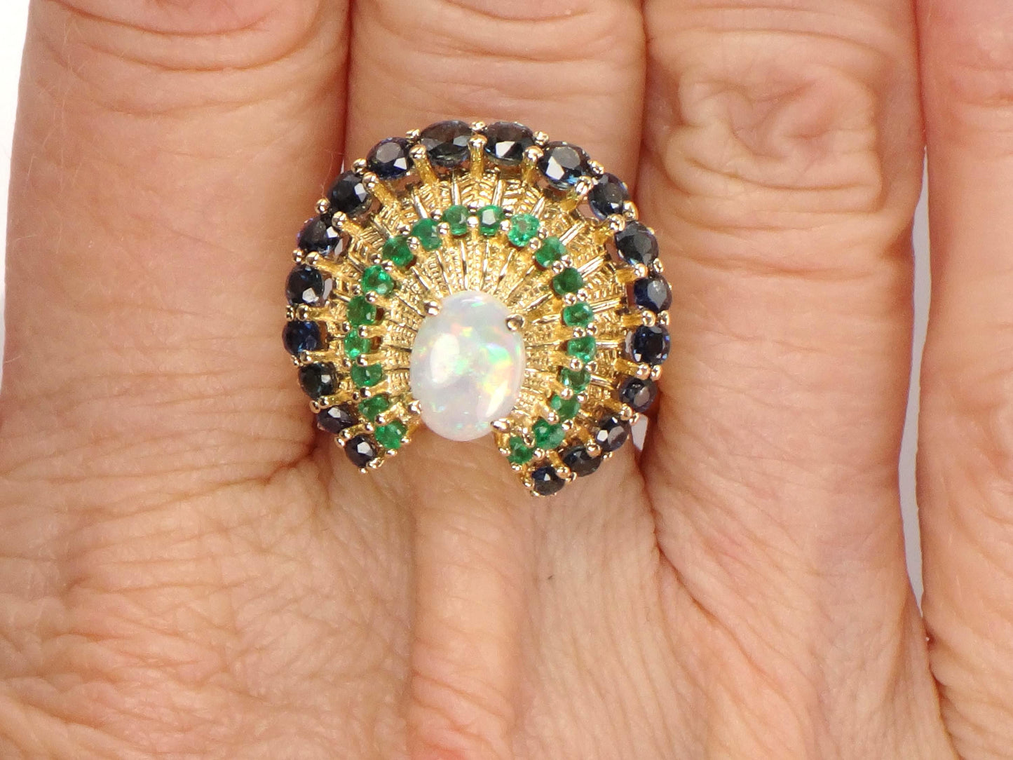 Vintage 14k Yellow Gold Opal Sapphire and Emerald Peacock Ring, Size 7.75-BelmarJewelers