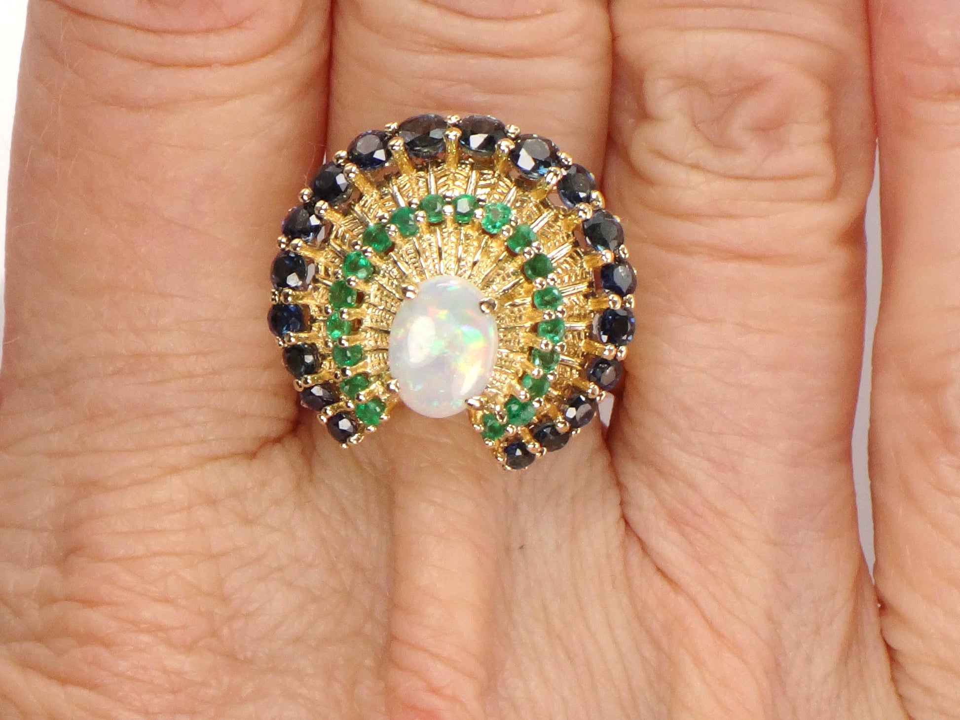 Vintage 14k Yellow Gold Opal Sapphire and Emerald Peacock Ring, Size 7.75-BelmarJewelers