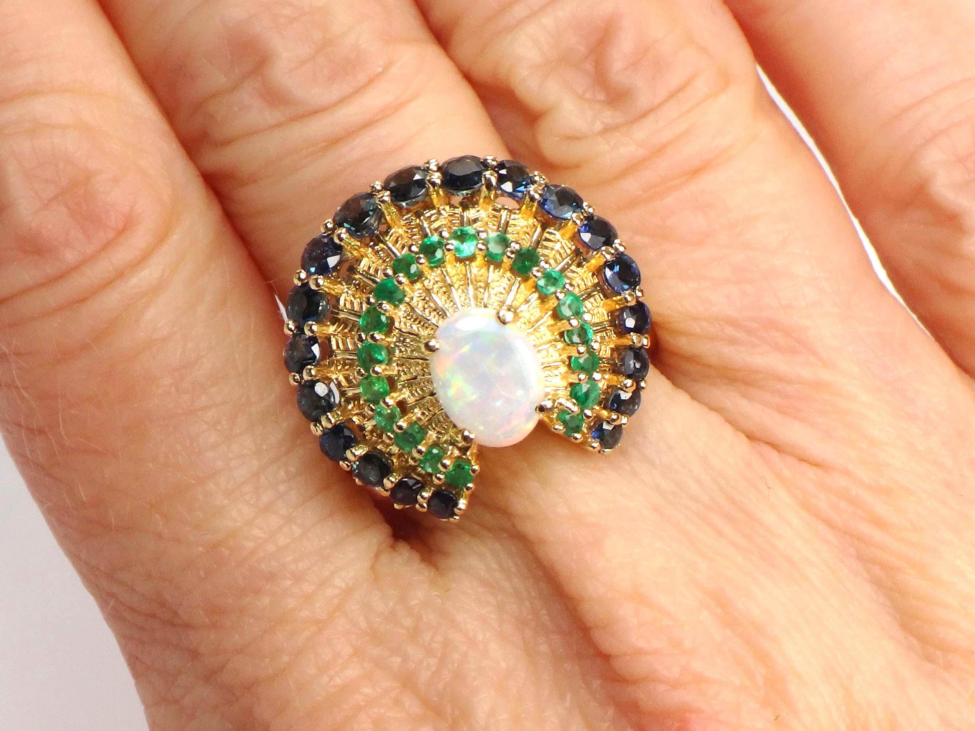 Vintage 14k Yellow Gold Opal Sapphire and Emerald Peacock Ring, Size 7.75-BelmarJewelers