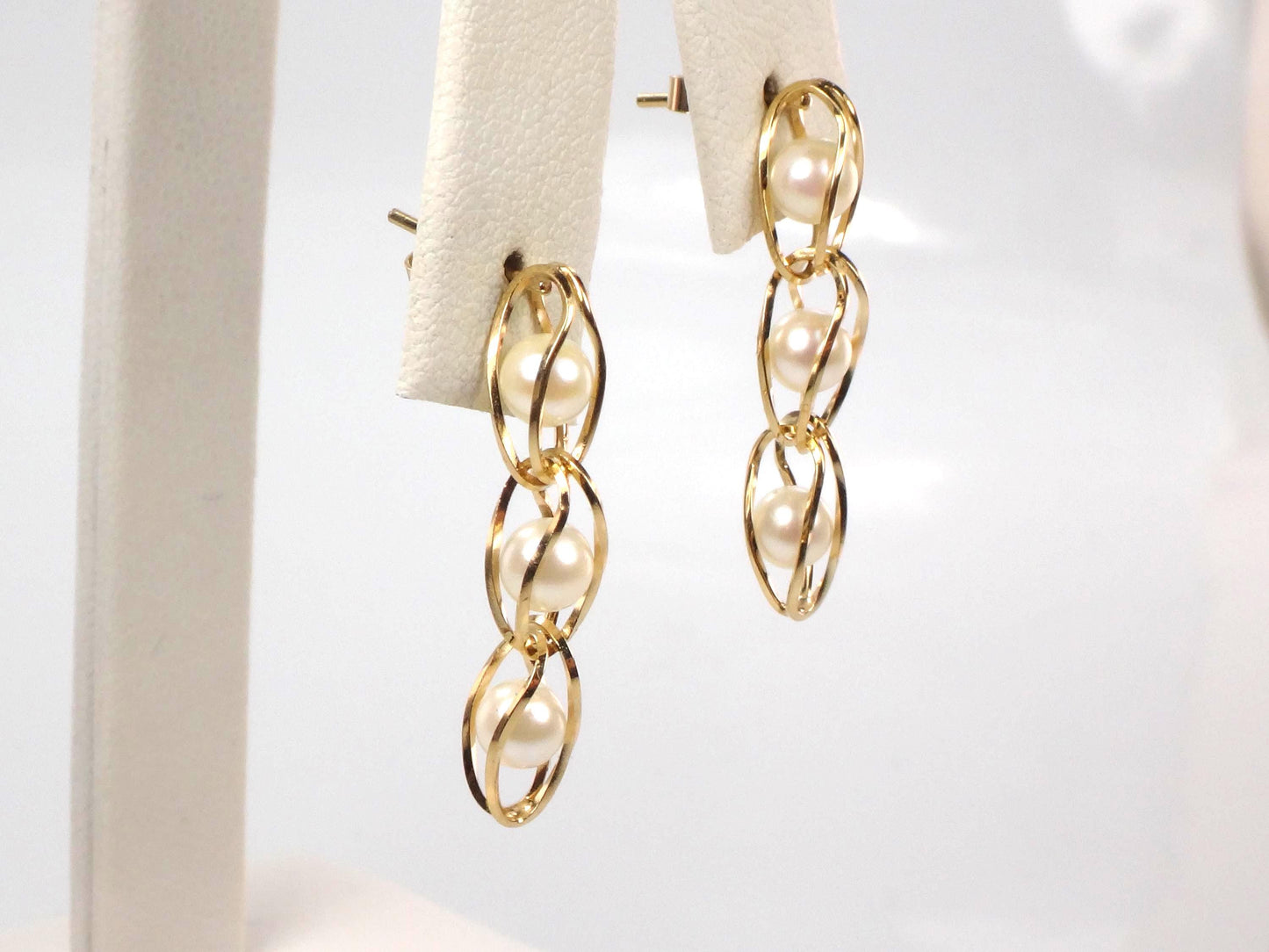 Vintage 14k Yellow Gold Caged Pearl Dangle Earrings-BelmarJewelers