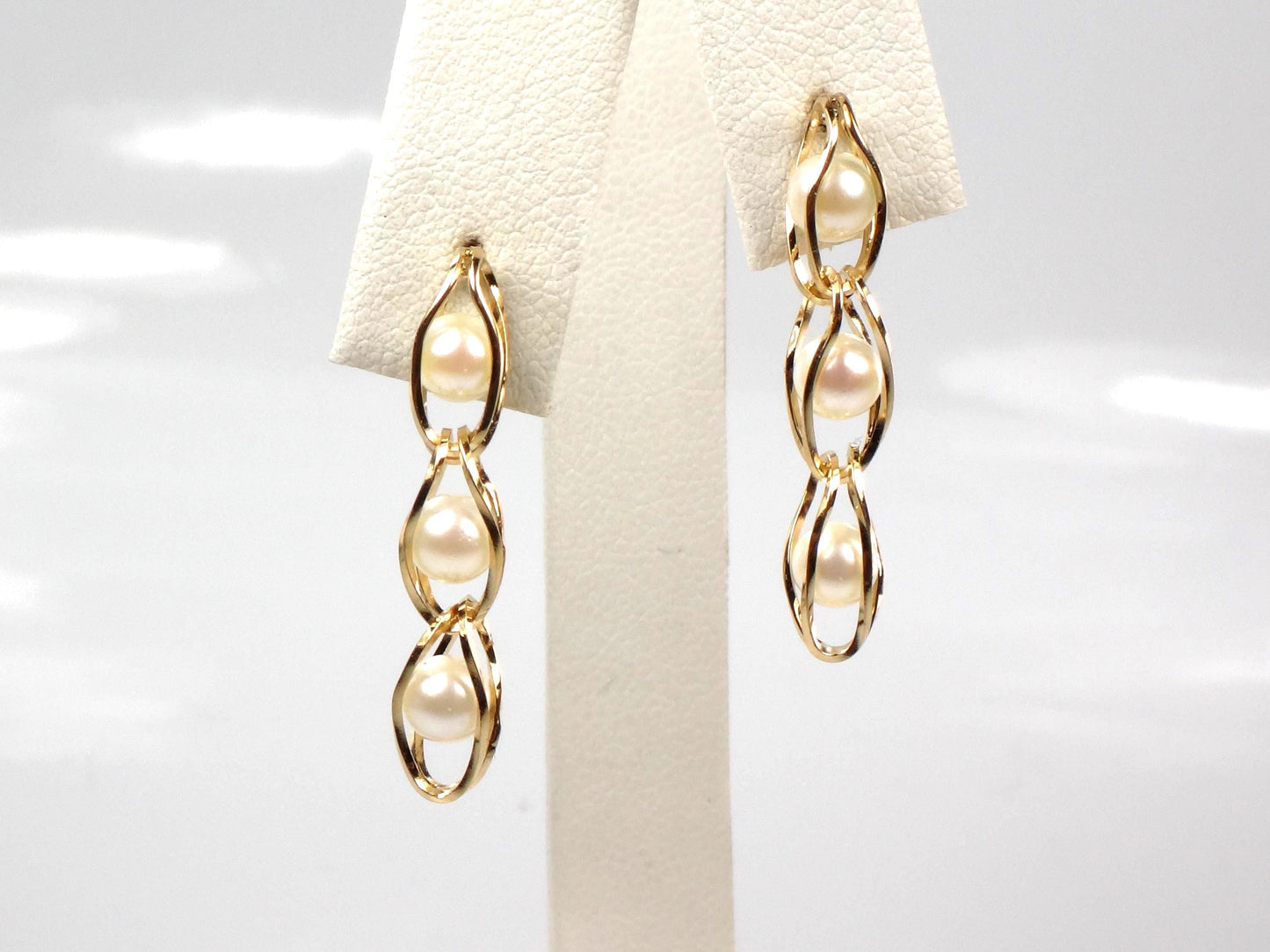 Vintage 14k Yellow Gold Caged Pearl Dangle Earrings-BelmarJewelers