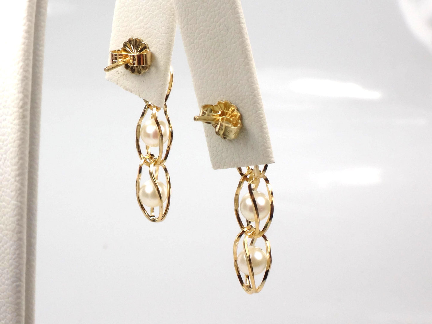 Vintage 14k Yellow Gold Caged Pearl Dangle Earrings-BelmarJewelers